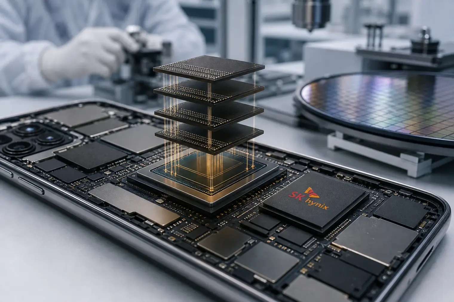 A close-up editorial illustration of a smartphone processor with vertically stacked memory layers beside a SK hynix-branded memory package.