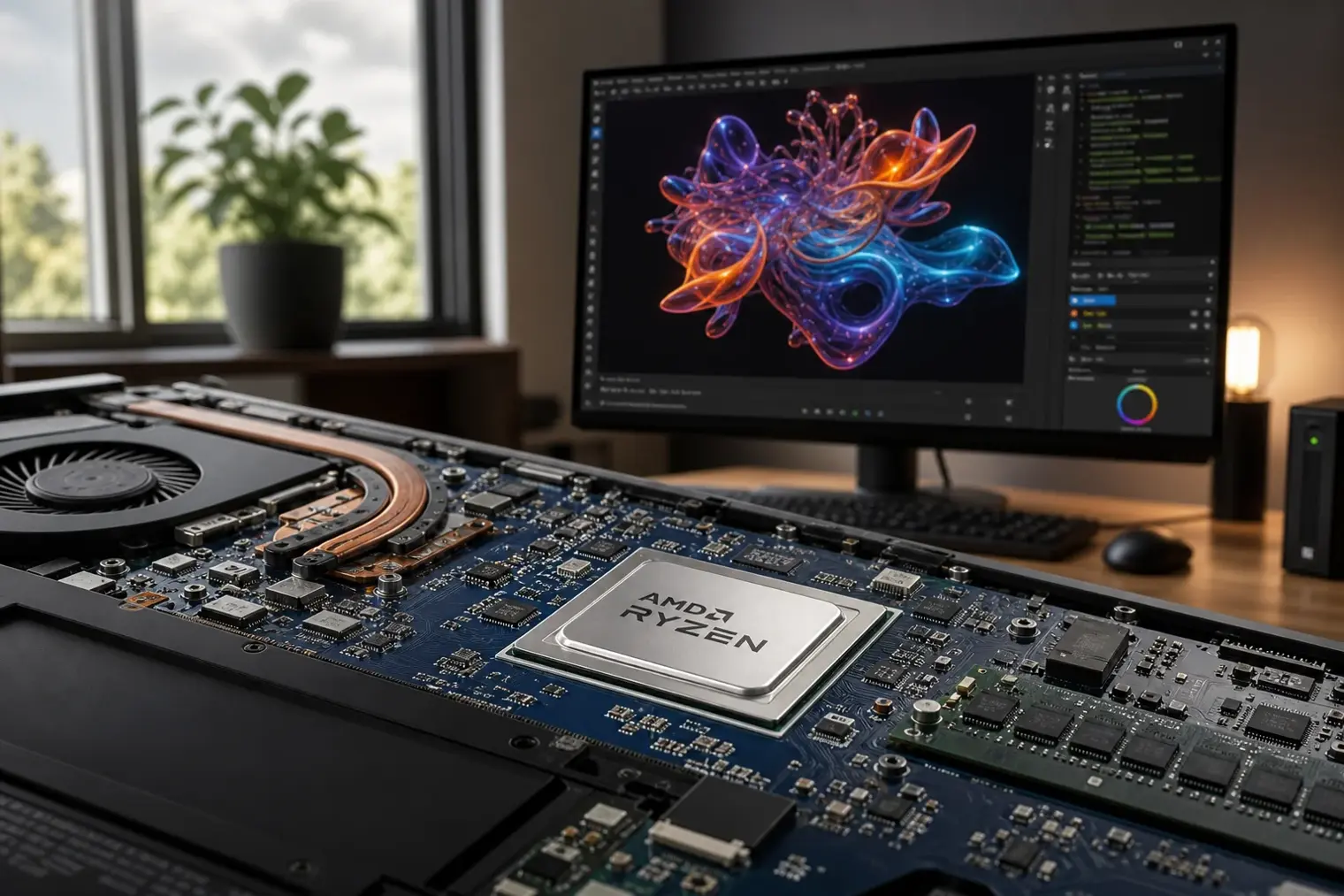 An AMD Ryzen laptop processor on a circuit board beside a Linux workstation displaying abstract OpenGL and Vulkan graphics.