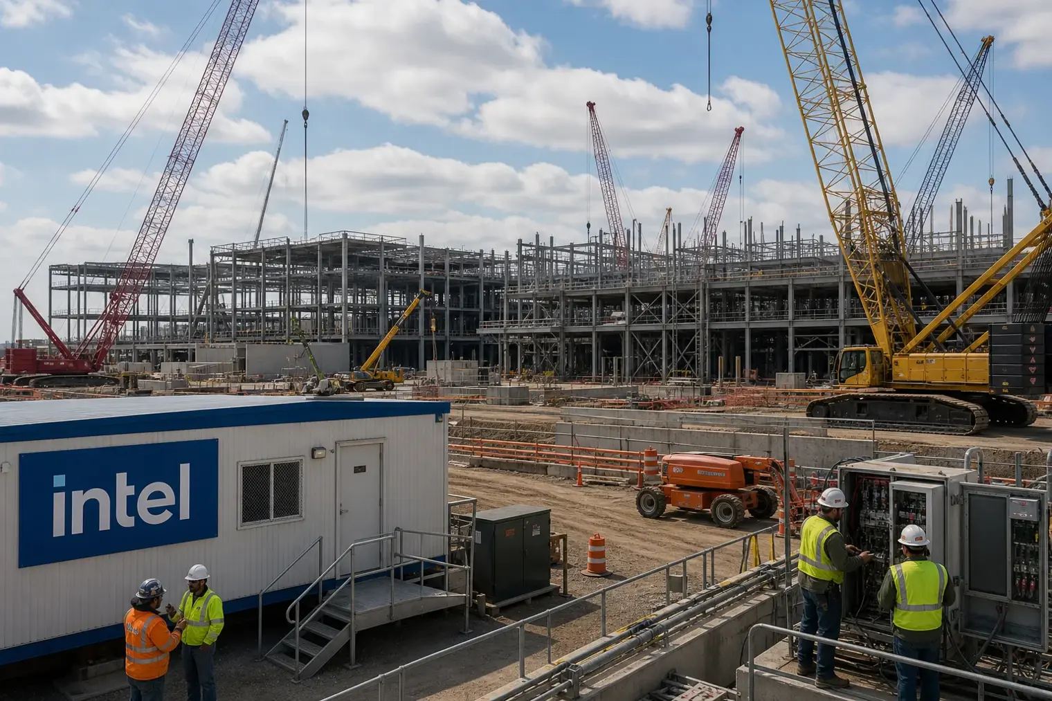 Construction workers in safety gear work beside steel structures and cranes at an Intel semiconductor factory site in Ohio.