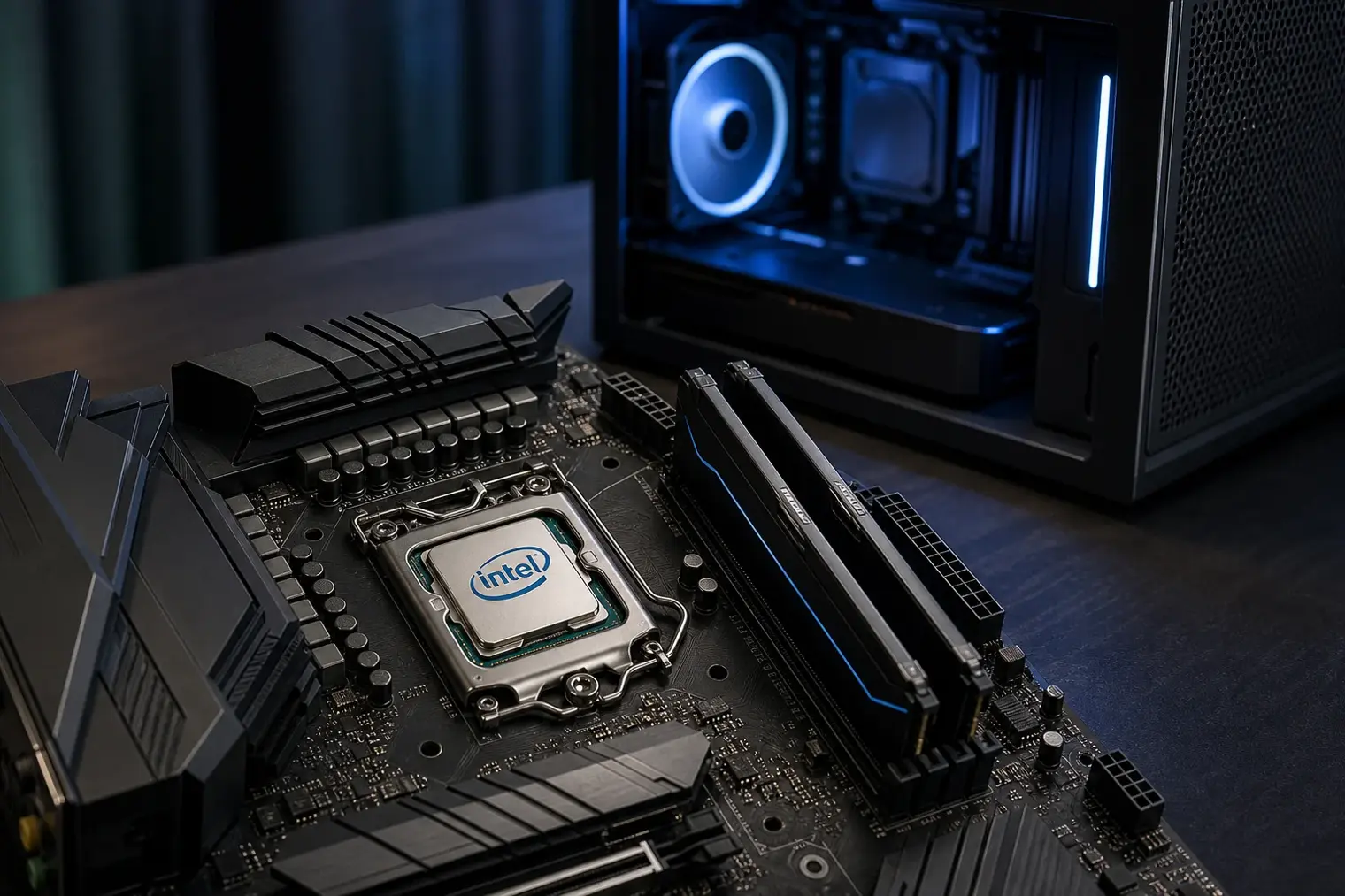 An Intel desktop processor on a motherboard beside two memory modules, with a compact gaming PC in the background.