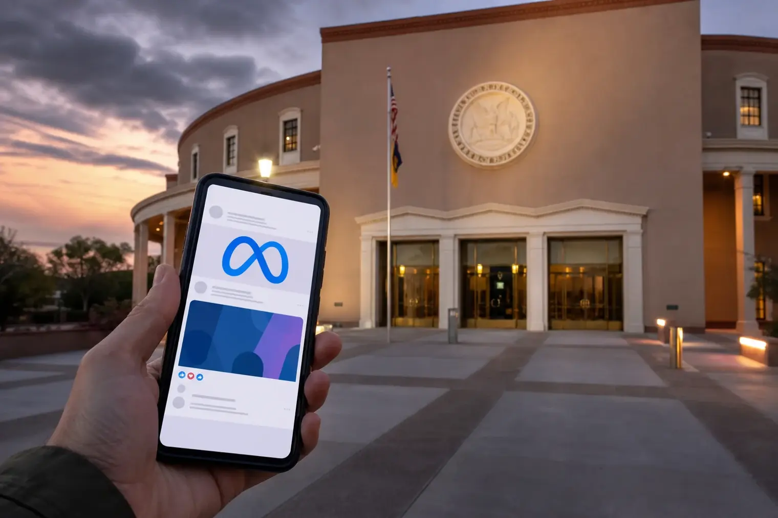 A courthouse exterior in Santa Fe with a smartphone showing social media icons and the Meta logo in the foreground.