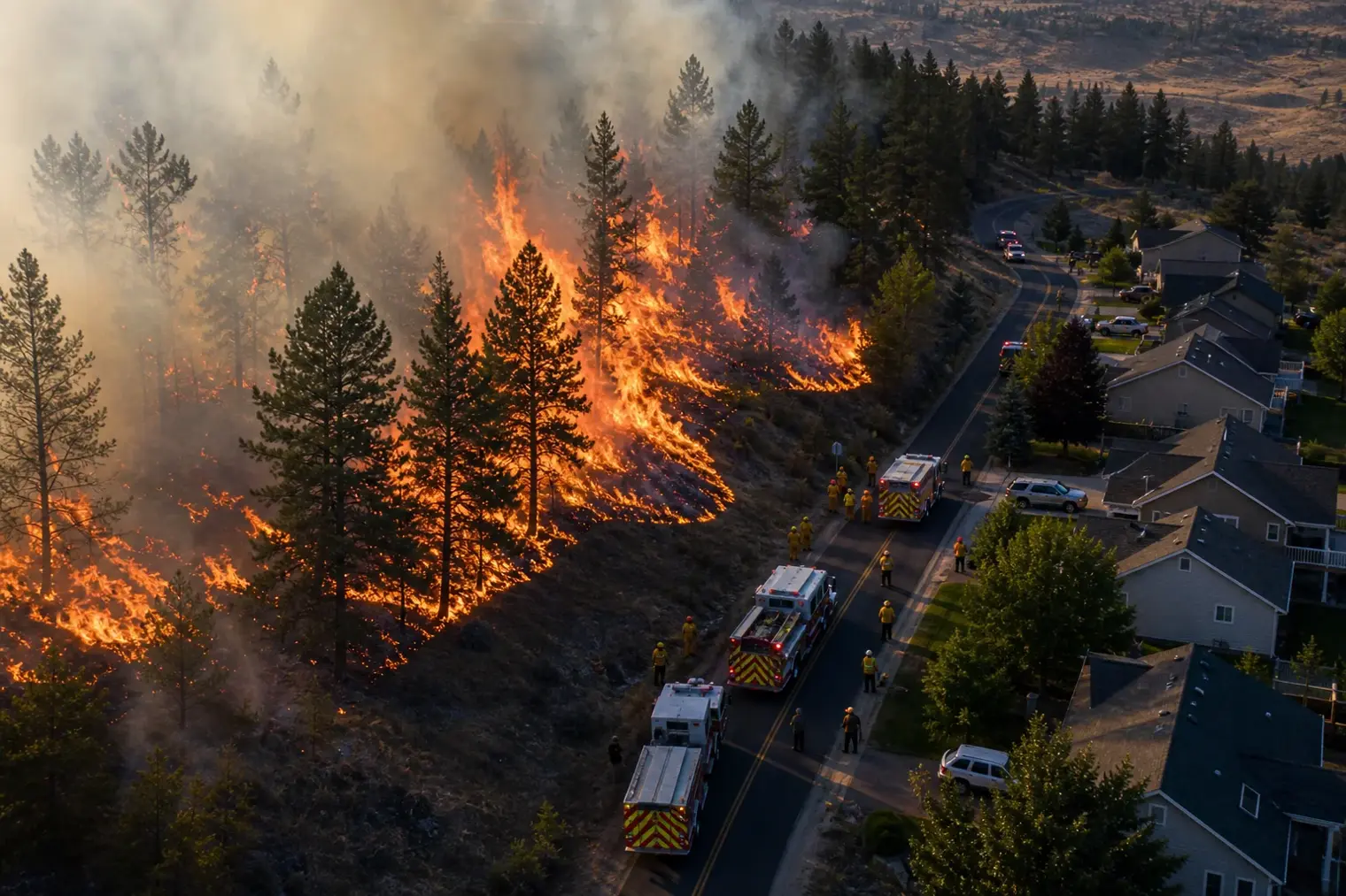 Aerial view of a wildfire burning through dry conifer woodland near a residential neighbourhood, with emergency vehicles on a road and smoke over the landscape.