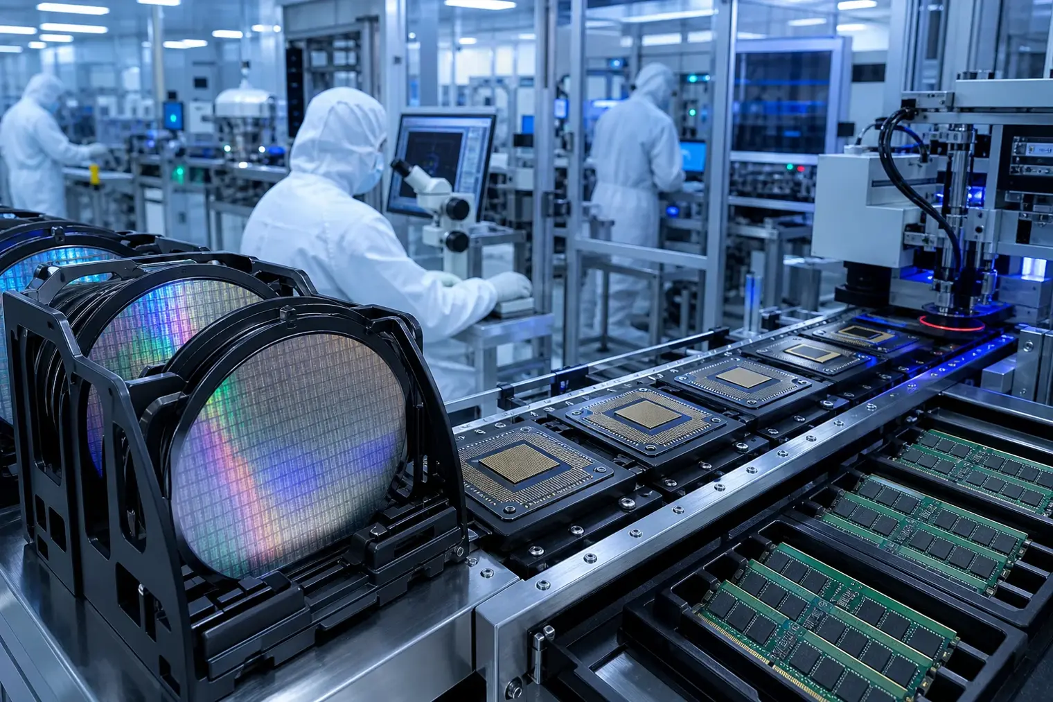 A semiconductor manufacturing and advanced chip packaging facility with silicon wafers, processor packages and memory modules on an inspection line.