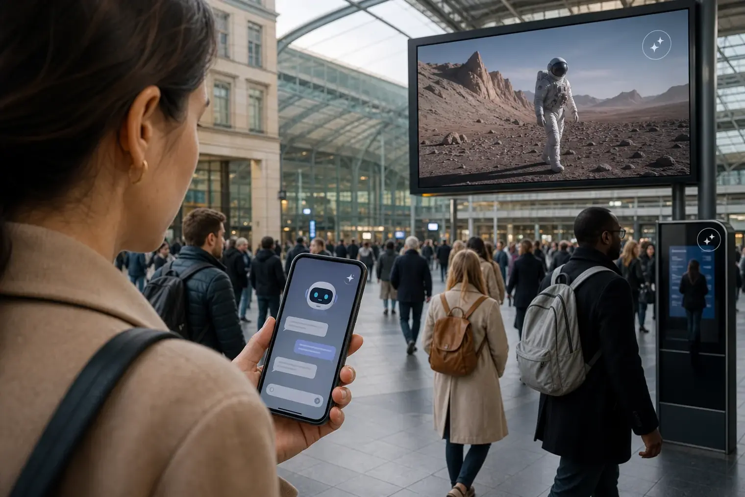 A European commuter uses a smartphone with a chatbot interface while a nearby public digital display shows clearly marked synthetic media indicators.