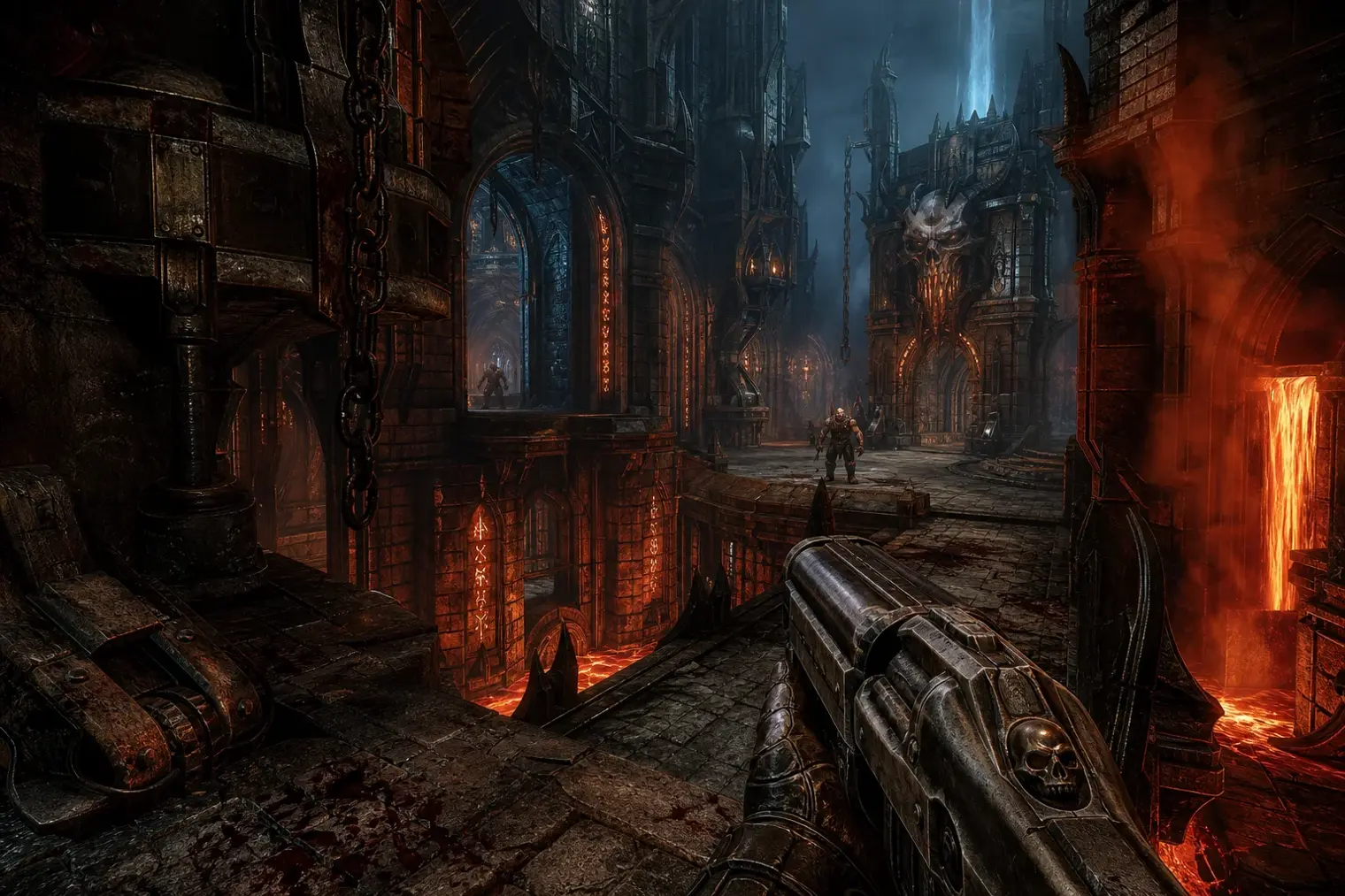 A dark gothic-industrial stone corridor with lava, metal machinery, rune-lit arches and a first-person sci-fi weapon in the foreground.