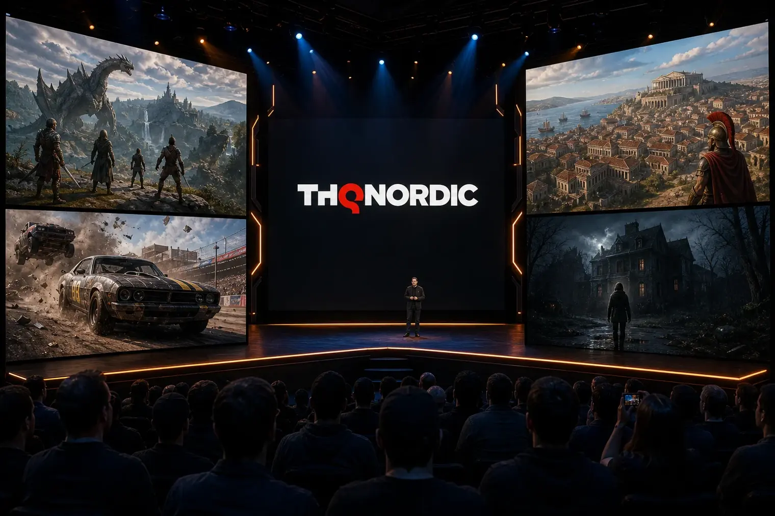 A dark modern gaming presentation stage with large screens showing fantasy, racing and strategy game imagery alongside the THQ Nordic logo.