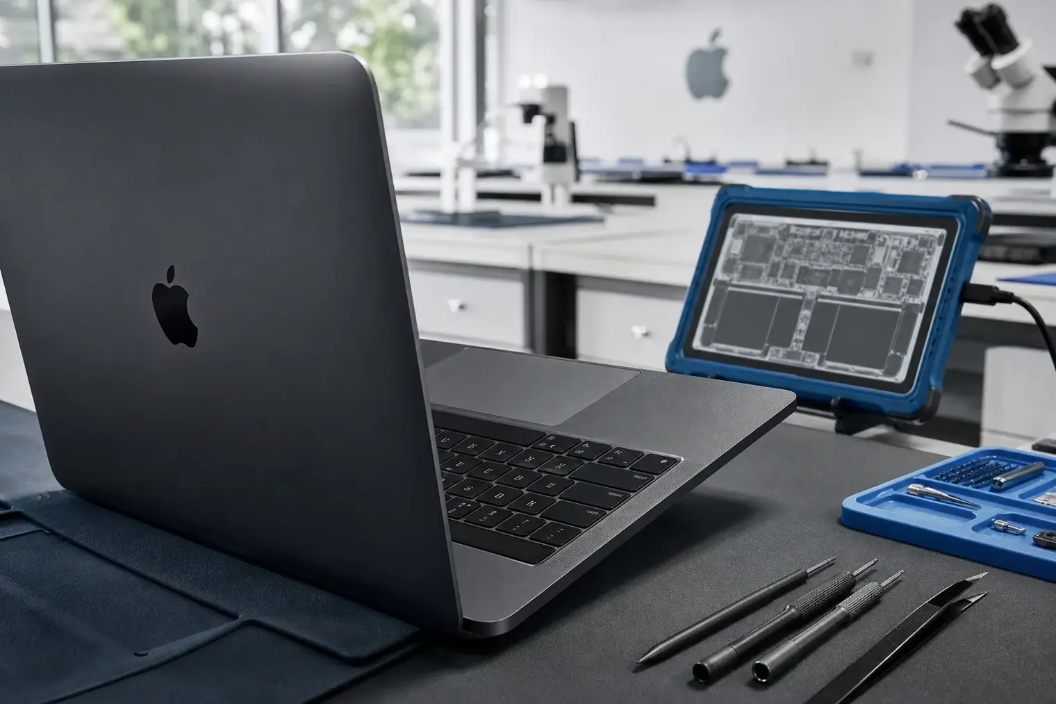 A space black MacBook Pro open on a repair technician’s workbench, with the Delete key area visible near the upper-right corner of the keyboard.