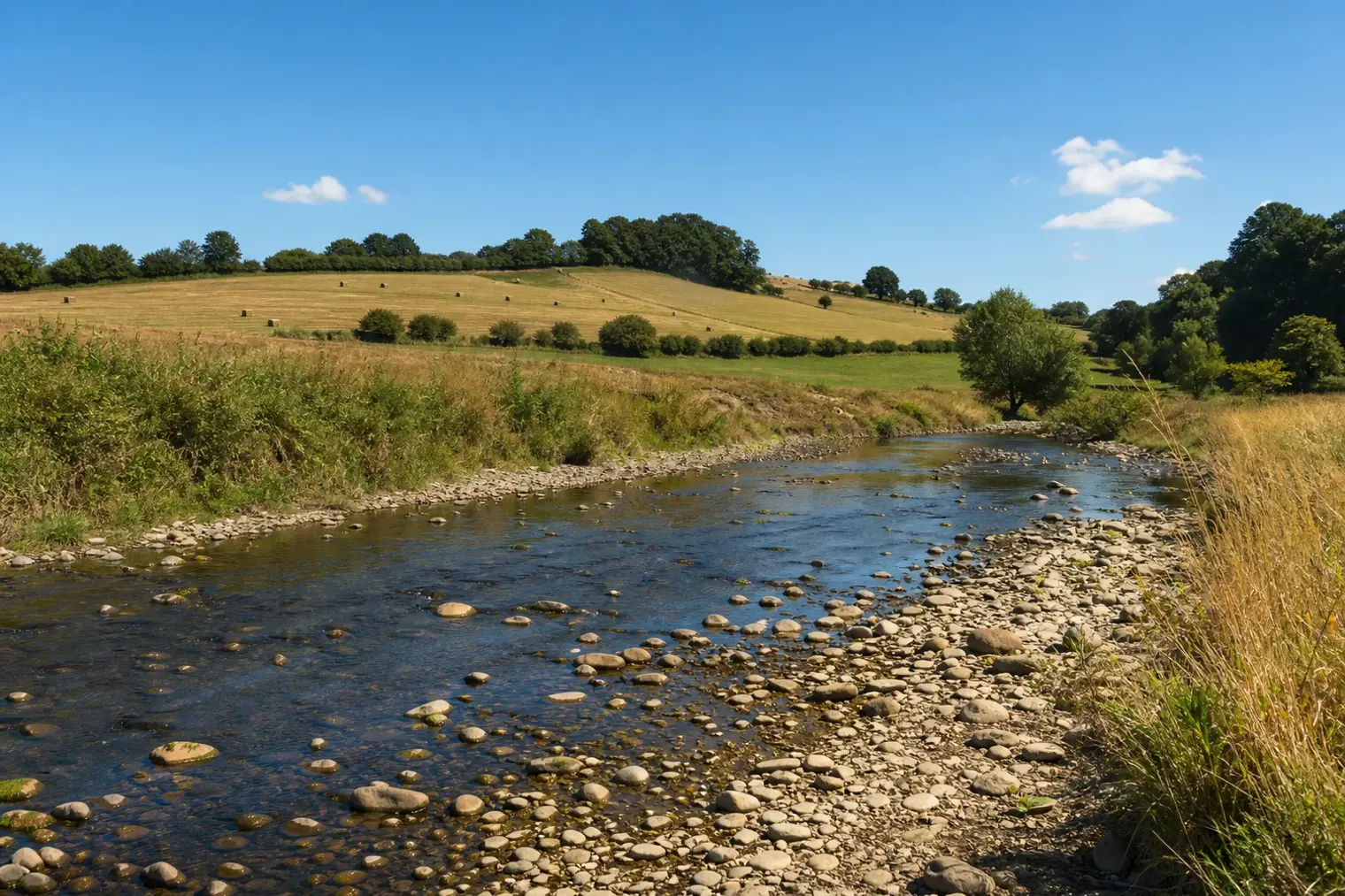 A shallow UK river with exposed stones and dry grass along its banks during a sunny summer dry spell.