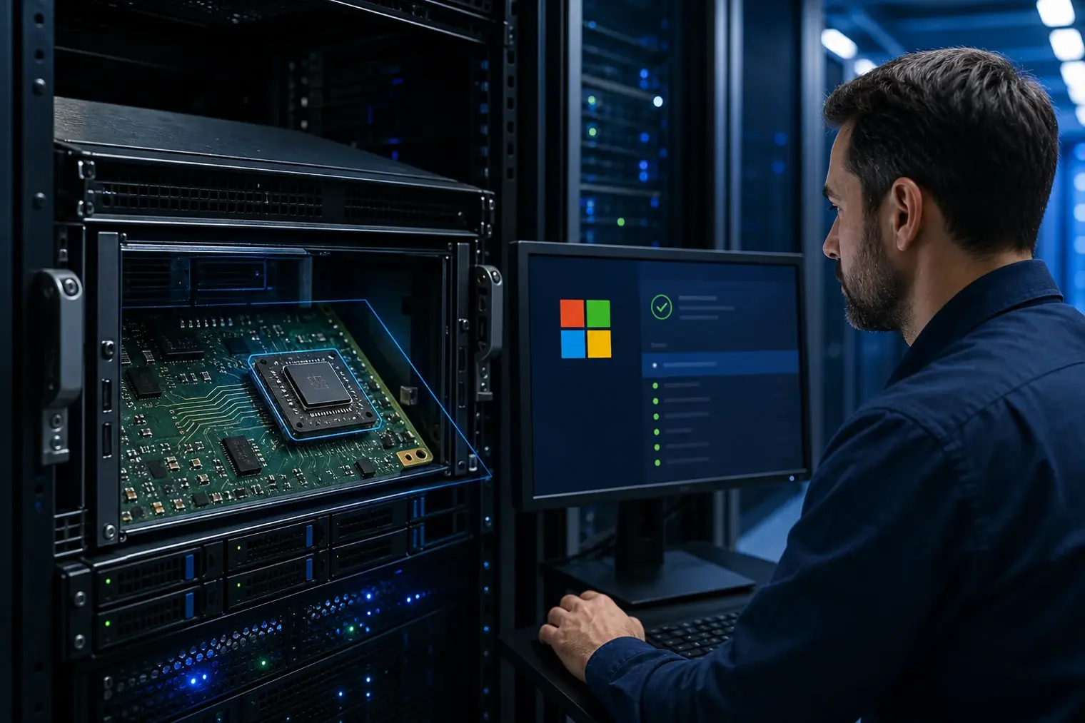 A data-centre server with a TPM security chip highlighted beside an administrator’s workstation, with the Microsoft logo visible.