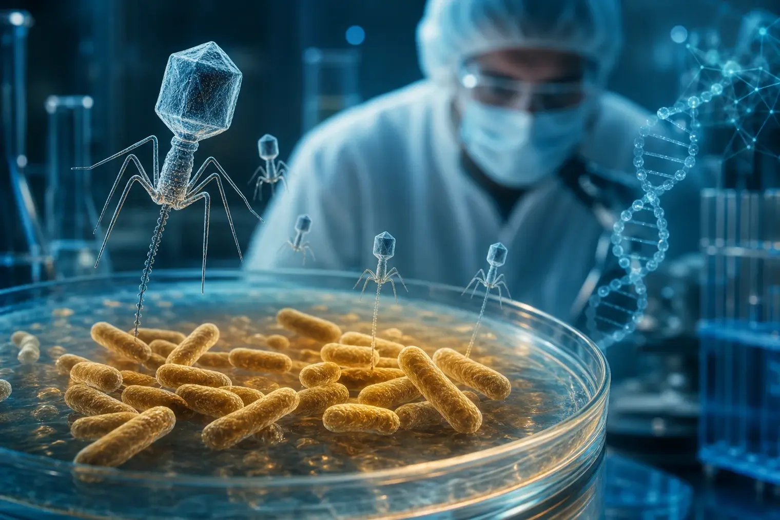 Editorial illustration of bacteriophages approaching rod-shaped bacteria in a laboratory setting, with a researcher and molecular models in the background.