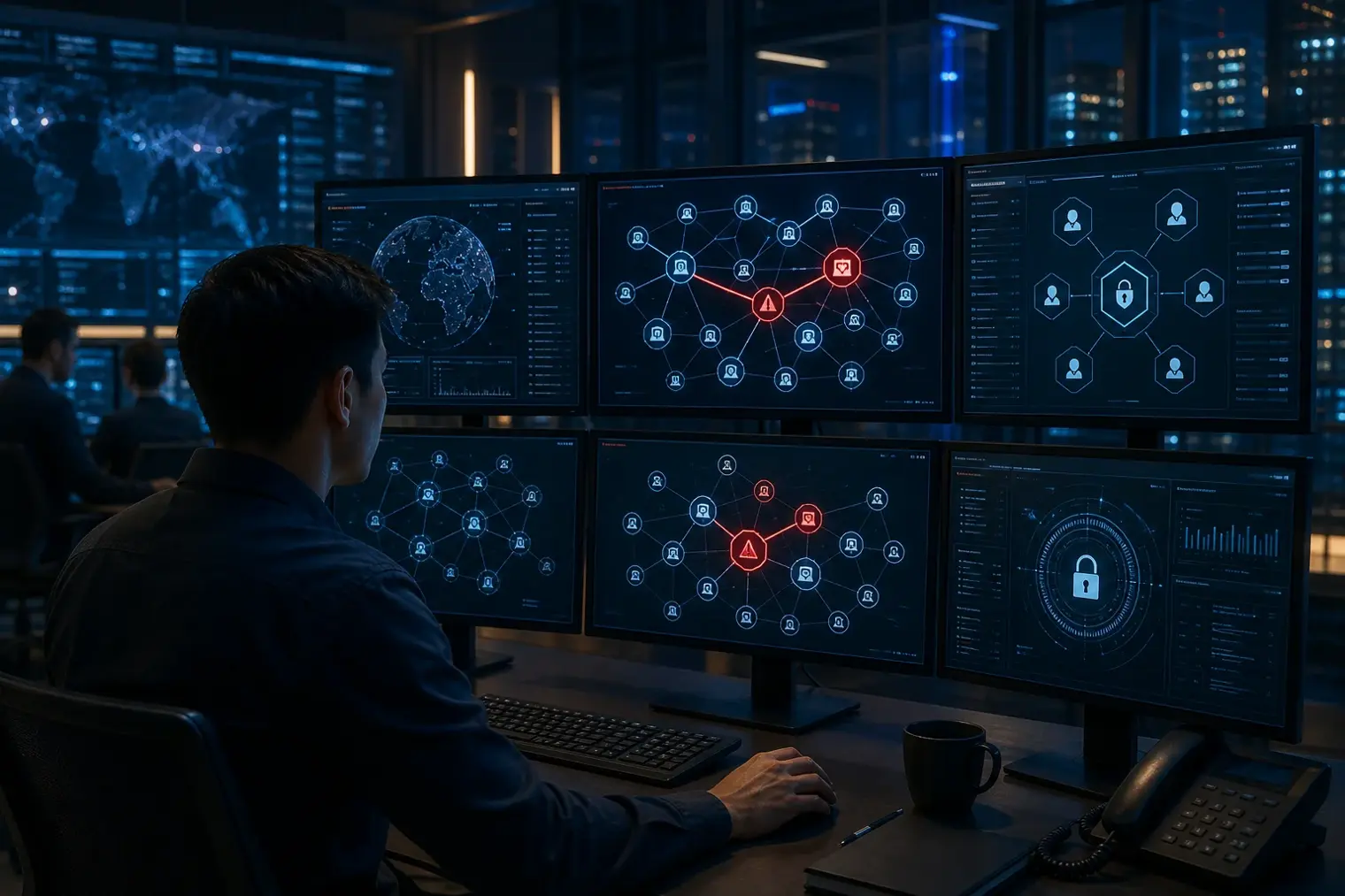 A security analyst monitors a network map showing connected AI agent nodes and an isolated alert path on multiple screens.
