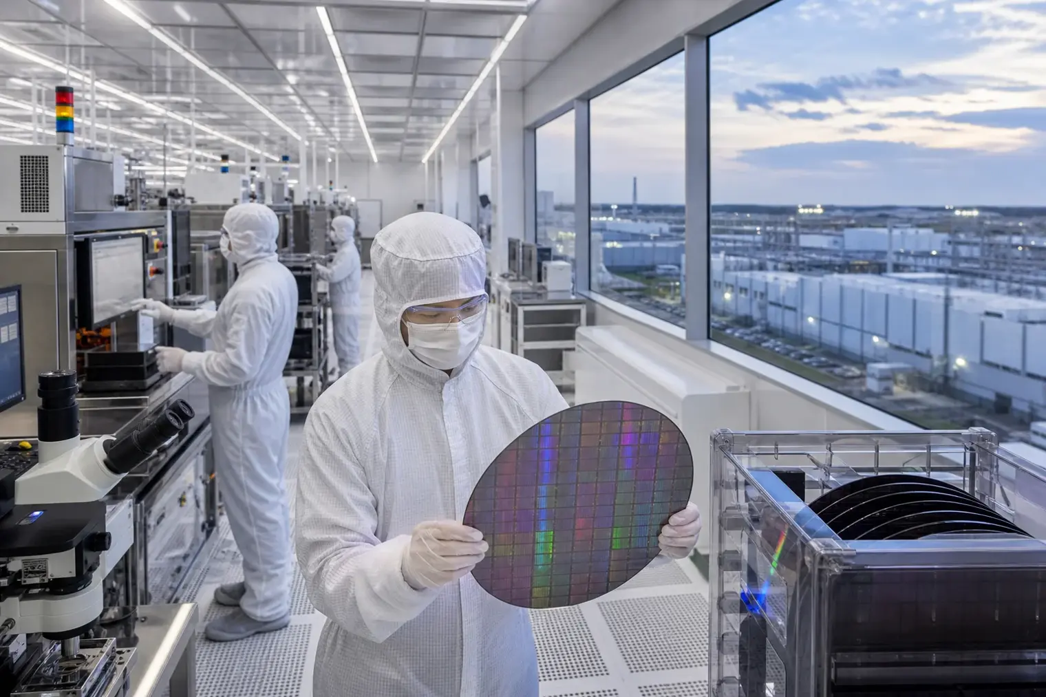 Engineers in cleanroom suits inspecting semiconductor wafers and process equipment inside an advanced fabrication facility.