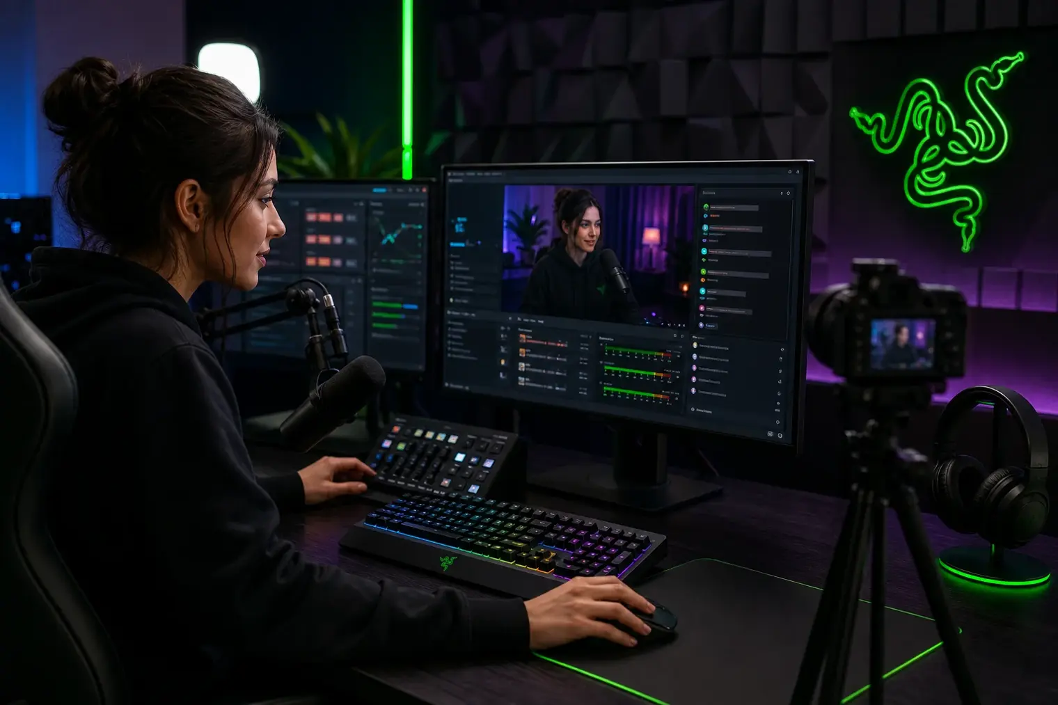 A livestream creator working at a desktop setup with a Razer-logo keyboard, microphone, camera and multiple screens showing broadcast controls.