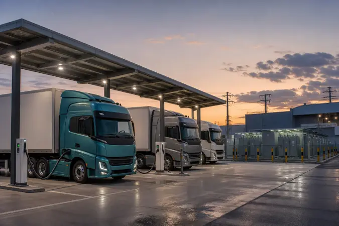 Electric heavy-duty trucks charging at a modern multi-bay megawatt charging station with large power cabinets and grid equipment.