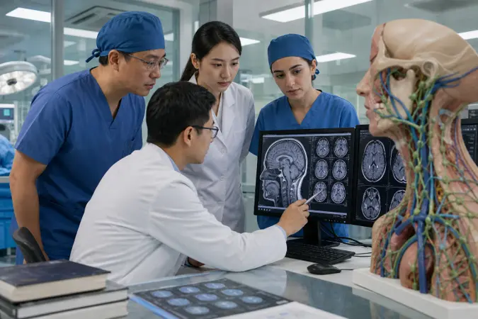 A neurosurgical research team reviewing brain scans and a neck lymphatic anatomy model in a modern Chinese hospital laboratory.