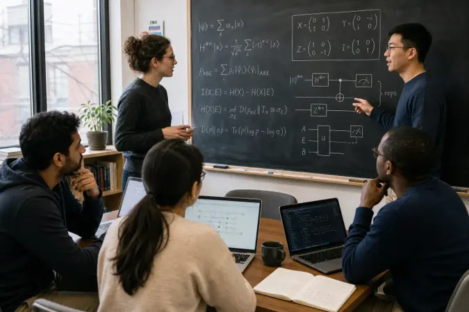 Researchers reviewing quantum cryptography equations and proof diagrams on a blackboard and computer screens in a university office.