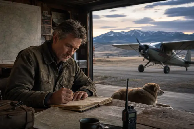 An author writing beside aviation charts and a small propeller aircraft at a rural airfield during dusk.