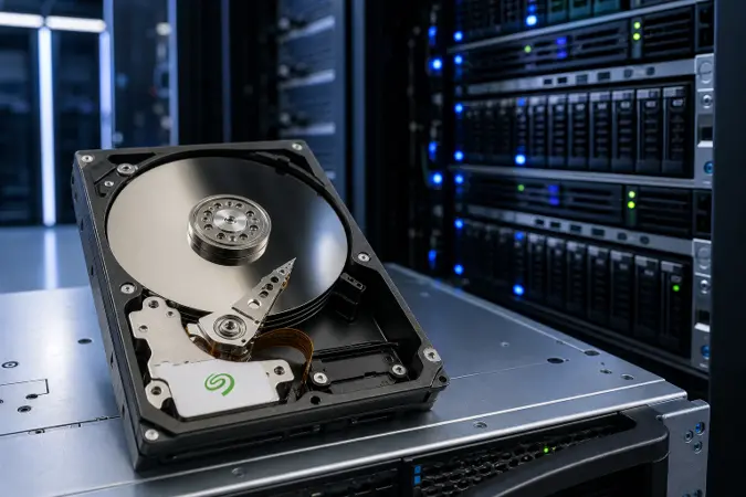 A Seagate enterprise hard drive shown in a modern data centre rack with server lights and visible storage platters.
