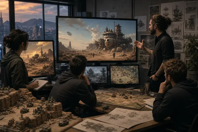 An editorial illustration of a role-playing game development studio workspace with a monitor showing an original retro-futurist desert concept scene.