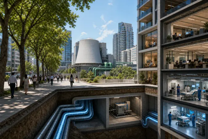 A dense modern city district with a central cooling plant, underground pipe construction and shaded pedestrian areas during hot weather.