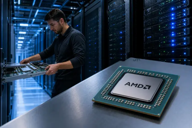 A technician works beside server racks in a modern data centre, with AMD-branded processor packaging visible in the foreground.