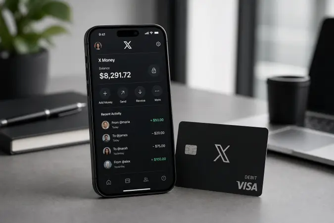 A smartphone showing the X Money financial interface beside an X-branded Visa debit card on a desk, with the X logo visible.