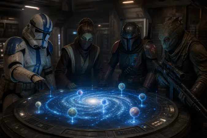 A tactical Star Wars squad studies a glowing holographic galaxy map inside a spacecraft command room.