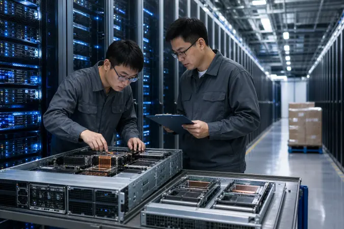 Rows of server racks in a modern data centre with technicians examining processor trays and supply documents.