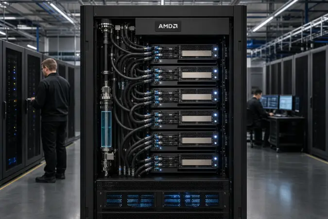 A liquid-cooled AI data-centre rack with AMD Instinct accelerator trays, visible coolant lines and the AMD logo on a front panel.