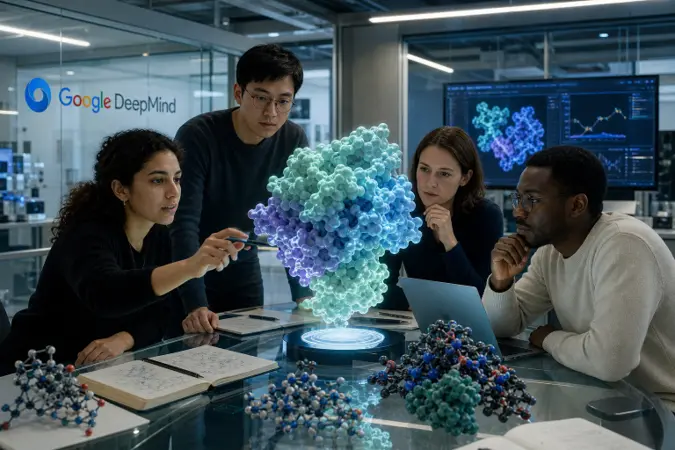 Researchers examine a projected protein structure model in a modern Google DeepMind laboratory.