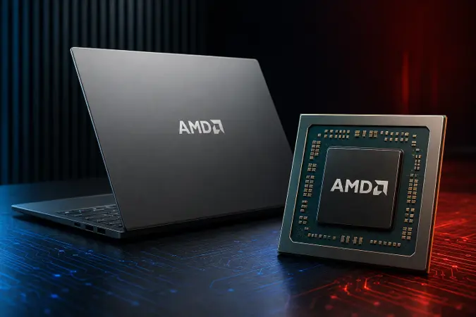 A thin AMD laptop on a desk beside a close-up illustration of a mobile processor, with the AMD logo visible on the laptop lid.