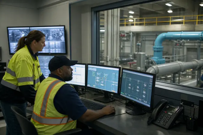 A municipal water treatment control room with operators monitoring industrial screens and pump equipment.