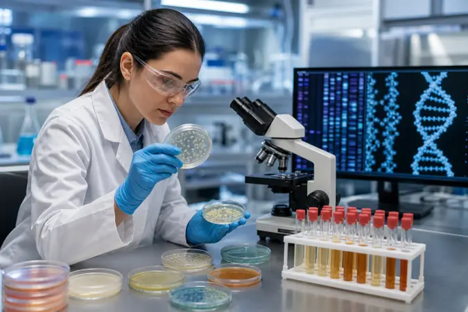 A laboratory researcher examining bacteriophage samples in petri dishes beside a DNA sequence visualisation on a monitor.