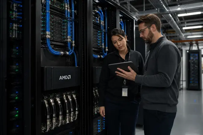 AMD-branded AI server racks in a modern data centre, with engineers monitoring compute infrastructure.