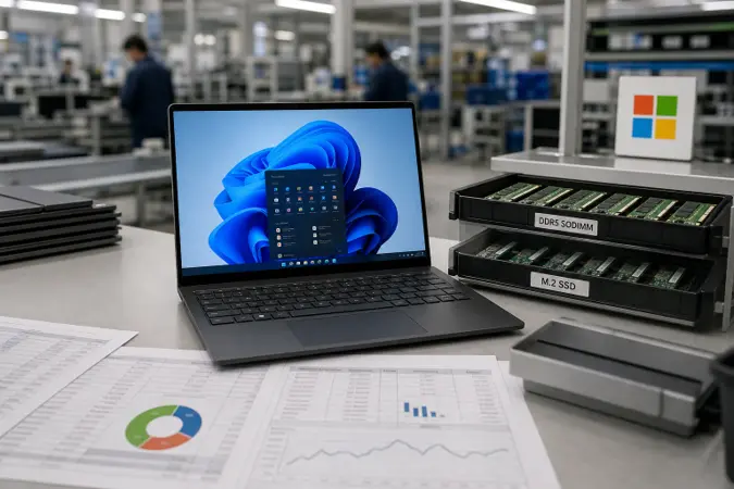 A laptop production and procurement workspace with component trays, a Windows laptop and a small Microsoft logo placard.