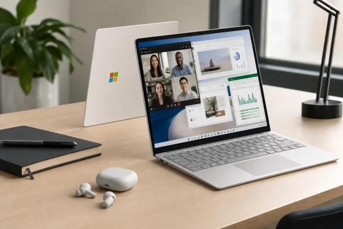 A Microsoft Surface Laptop open on a desk with several productivity application windows visible and the Microsoft logo on the lid.