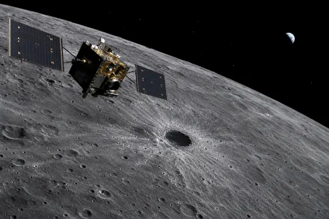 Editorial illustration of a South Korean lunar orbiter imaging a fresh dark impact mark on the Moon’s surface.