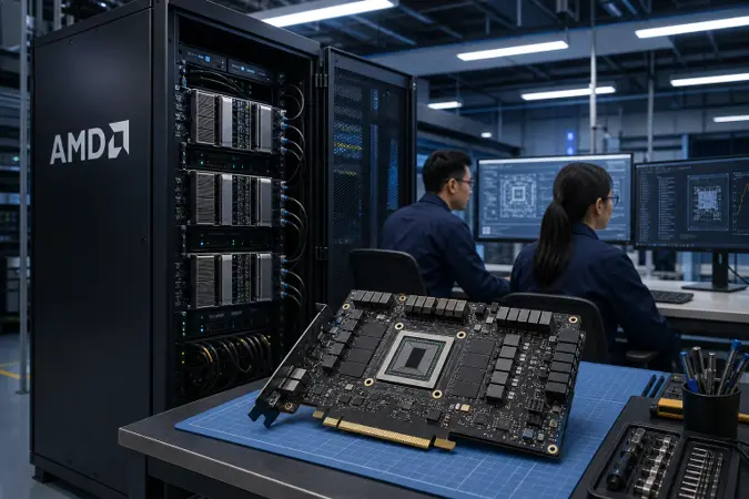 An AMD-branded data-centre rack beside a specialised AI accelerator board on an engineering workbench.