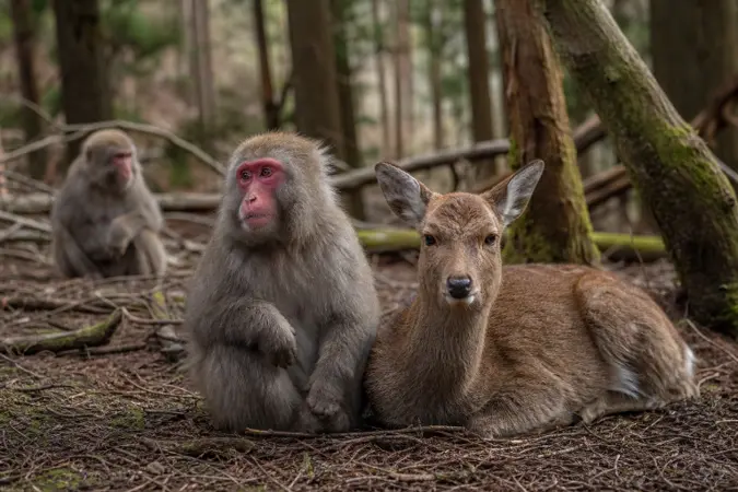 A Japanese macaque sitting calmly beside a sika deer in a wooded Japanese landscape.