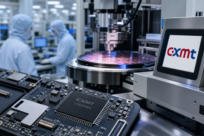 A close-up editorial illustration of an LPDDR memory chip on a smartphone circuit board beside semiconductor manufacturing equipment, with the CXMT logo visible.