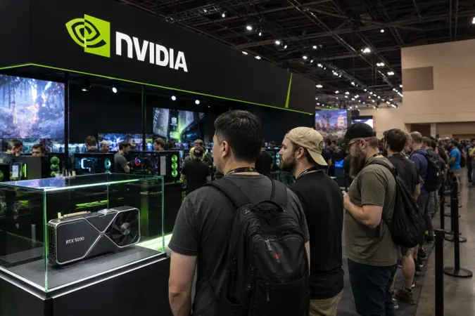 Attendees at a QuakeCon-style gaming convention queue at an NVIDIA booth displaying a GeForce RTX 5090 Founders Edition graphics card.