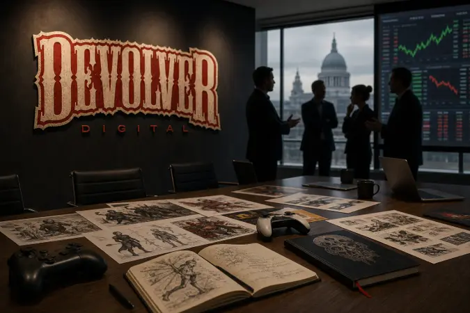 Editorial illustration of Devolver Digital’s logo beside a stock-market display and independent game development materials.