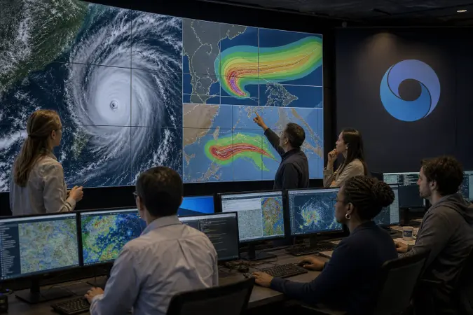 A tropical cyclone over the ocean shown beside meteorologists reviewing probabilistic storm tracks on large forecasting displays.