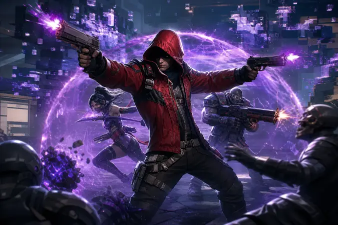 The Hood fires dual pistols amid a supernatural purple glow in a Marvel Rivals-style arena, with data fragments dissolving around him.