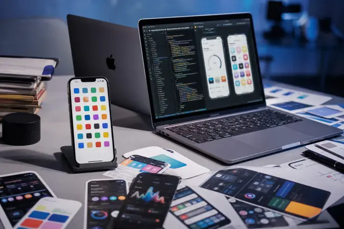 An iPhone displaying a crowded app marketplace interface beside a laptop used for mobile app development, with the Apple logo visible on the laptop.