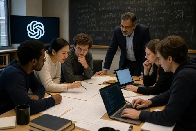 An editorial illustration of mathematicians reviewing dense mathematical proofs on screens and printed pages beside an OpenAI logo.