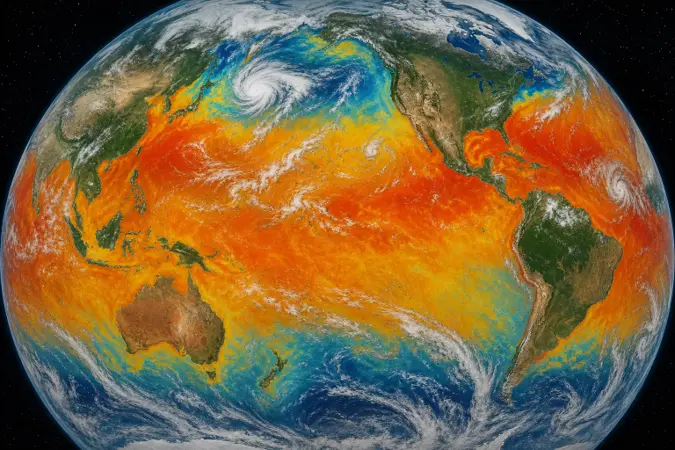 A satellite-style view of Earth showing broad areas of unusually warm sea-surface temperatures across the Pacific and Atlantic oceans.