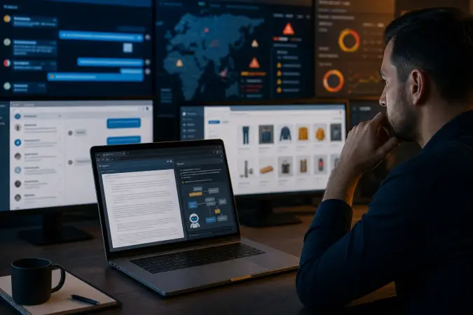 An AI browser agent reviewing a webpage beside authenticated messaging and shopping interfaces, with a cybersecurity analyst monitoring the activity.