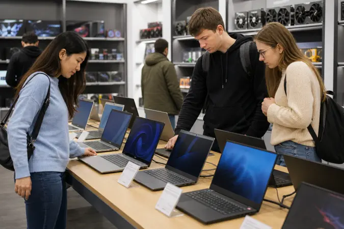 A retail display of laptops in a modern electronics store, with shoppers comparing premium and entry-level models.
