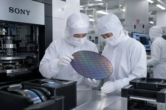 A clean-room semiconductor production floor with engineers examining a silicon wafer containing image sensor dies.